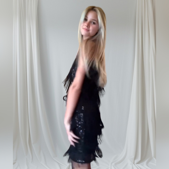 MAIN STRIP Sequin Fringe  Midi Dress, Black L - Picture 2 of 13